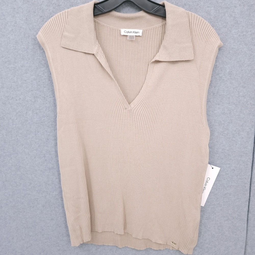 Calvin Klein Smooth Cotton Rib Sweater Polo V Neck Shirt Womens Size XL NWT